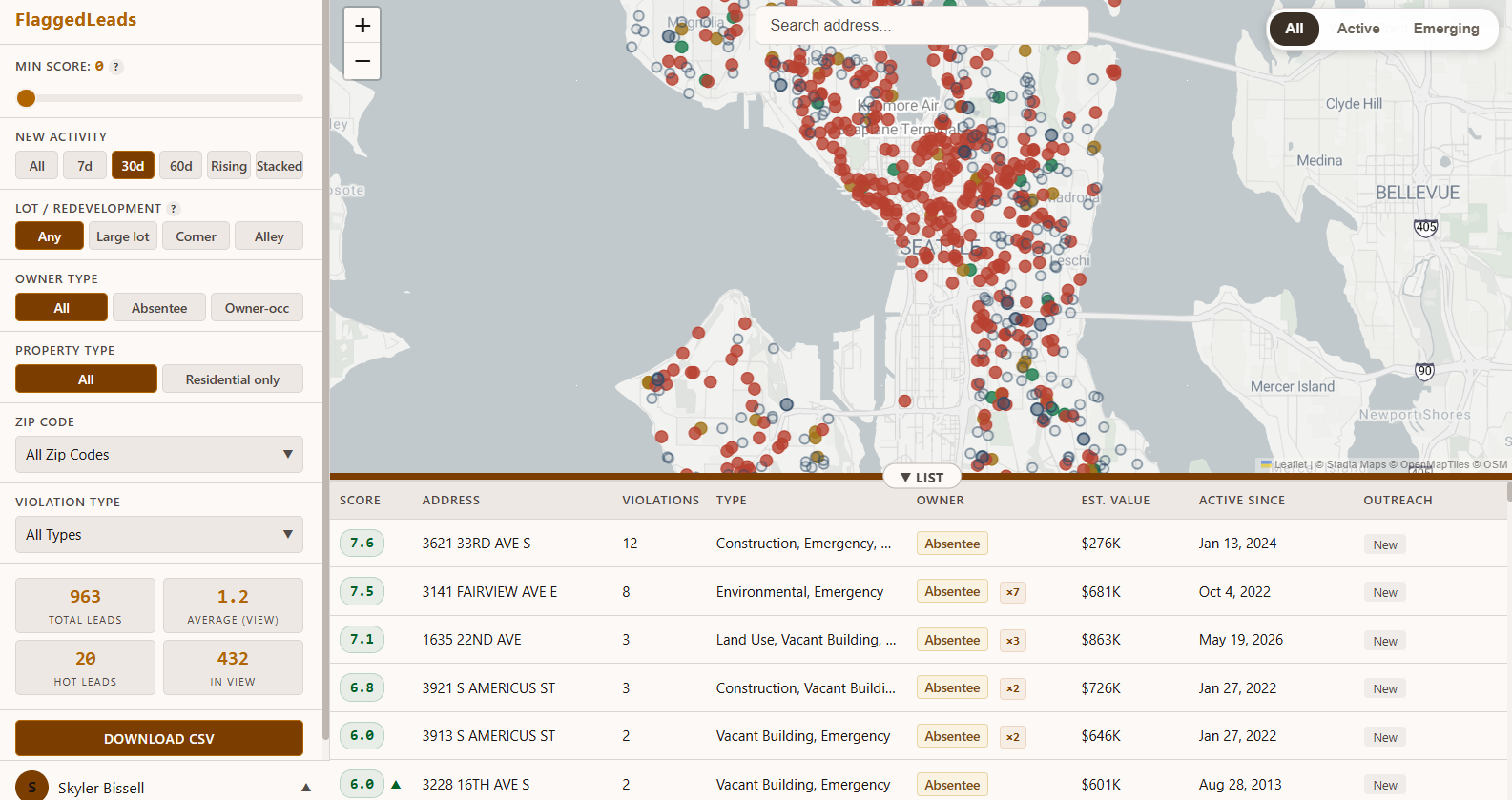FlaggedLeads map dashboard screenshot