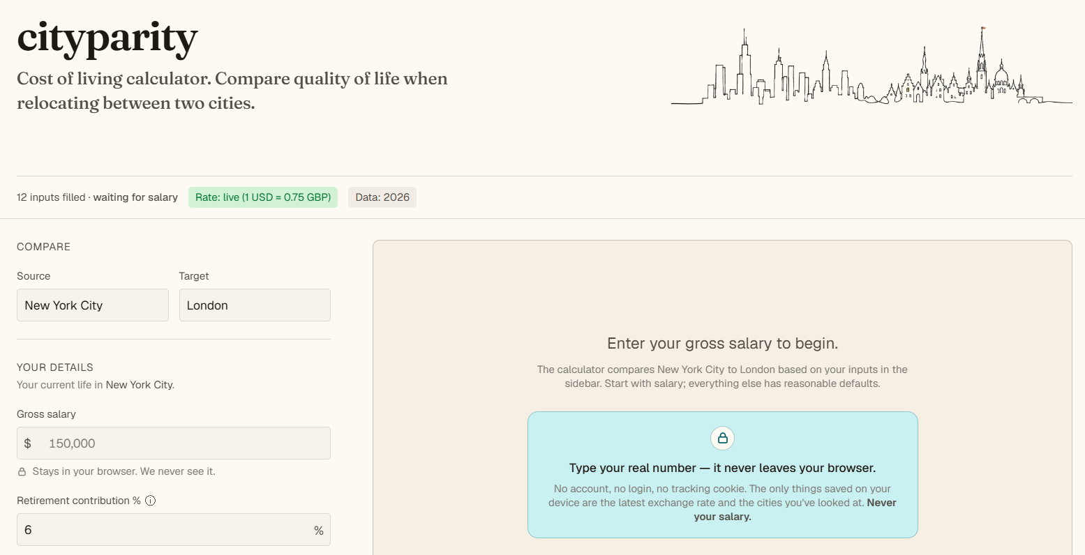 cityparity calculator homepage screenshot